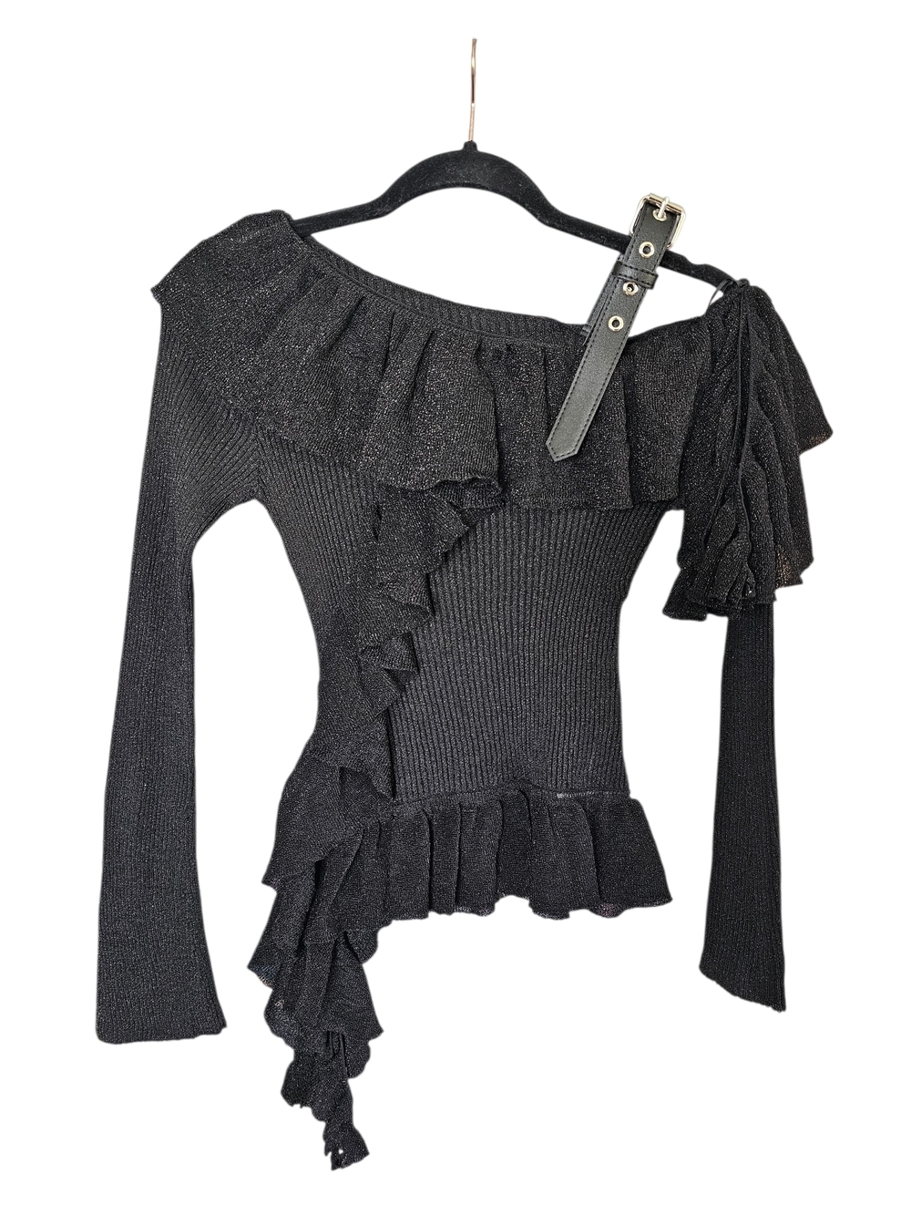 Women's Black Off-the-Shoulder Ruffle Knit Sweater